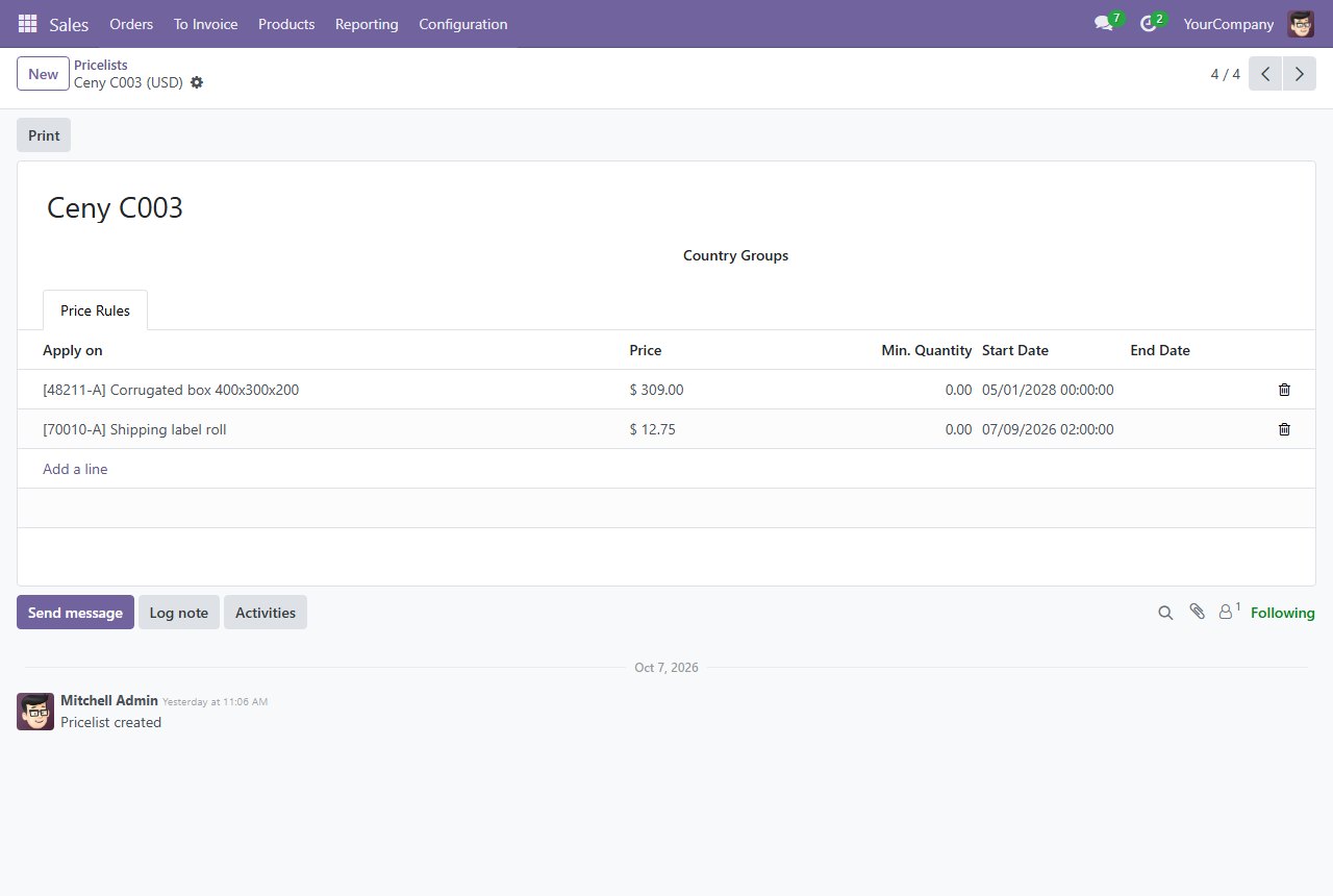 A screenshot from the end of the run: the Odoo price list with the new price.