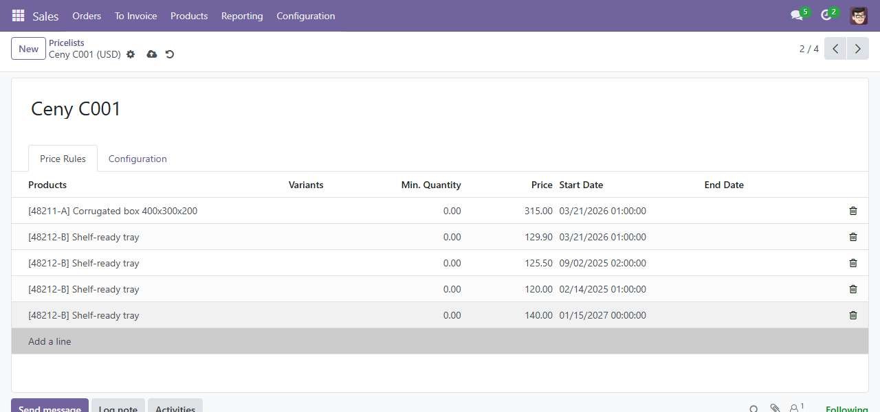 The price list in Odoo 17: a new price is added as a table row.