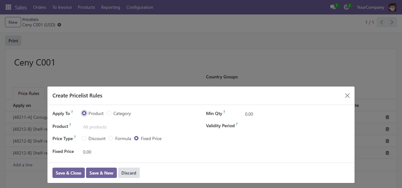 The price list in Odoo 18: the same change in a dialog window.